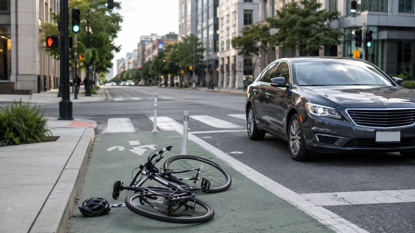 Bicycle and helmet down in a city bike lane beside a car stopped at an intersection