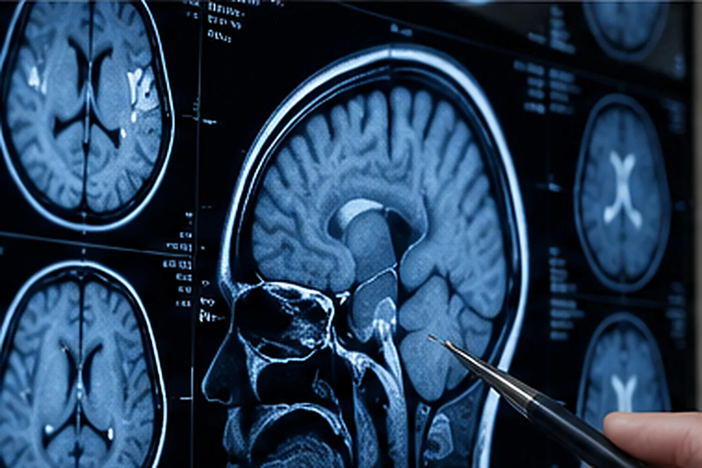 Brain MRI scans displayed on a radiology monitor