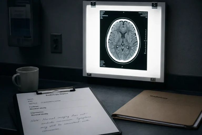 Single brain scan on a lightbox beside clinical notes