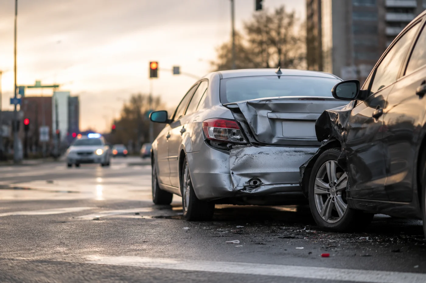 Rear-end collision damage on two cars stopped on a city street at dusk