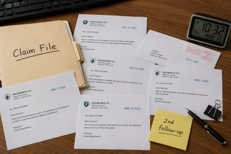 Claim file with dated correspondence and a desk clock