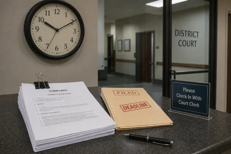 Court filing documents and a clock marking a personal injury deadline