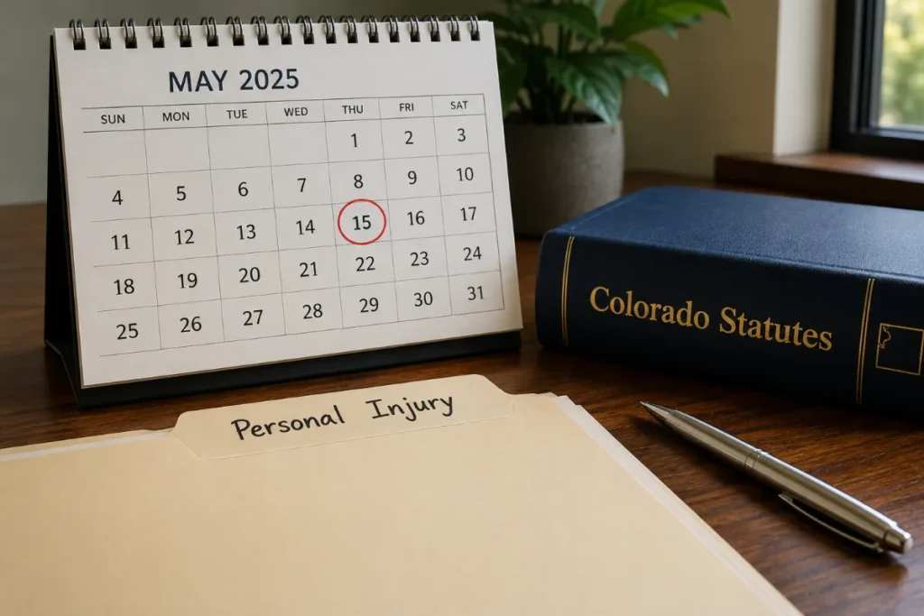 Calendar with a filing deadline circled beside a volume of Colorado statutes