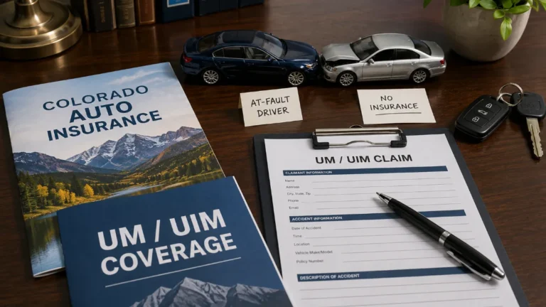 Colorado UM/UIM auto insurance coverage documents on a desk