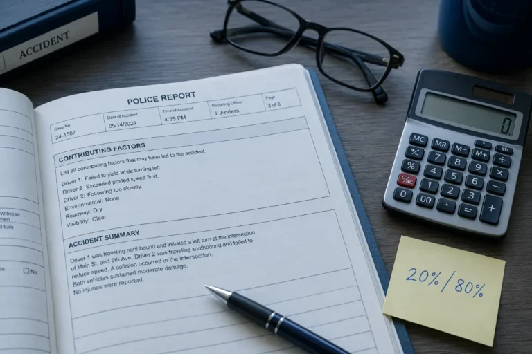 Claim worksheet showing damages reduced by an assigned percentage of fault