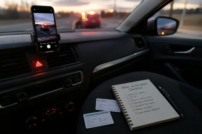 Phone and written notes used to document a Colorado car accident