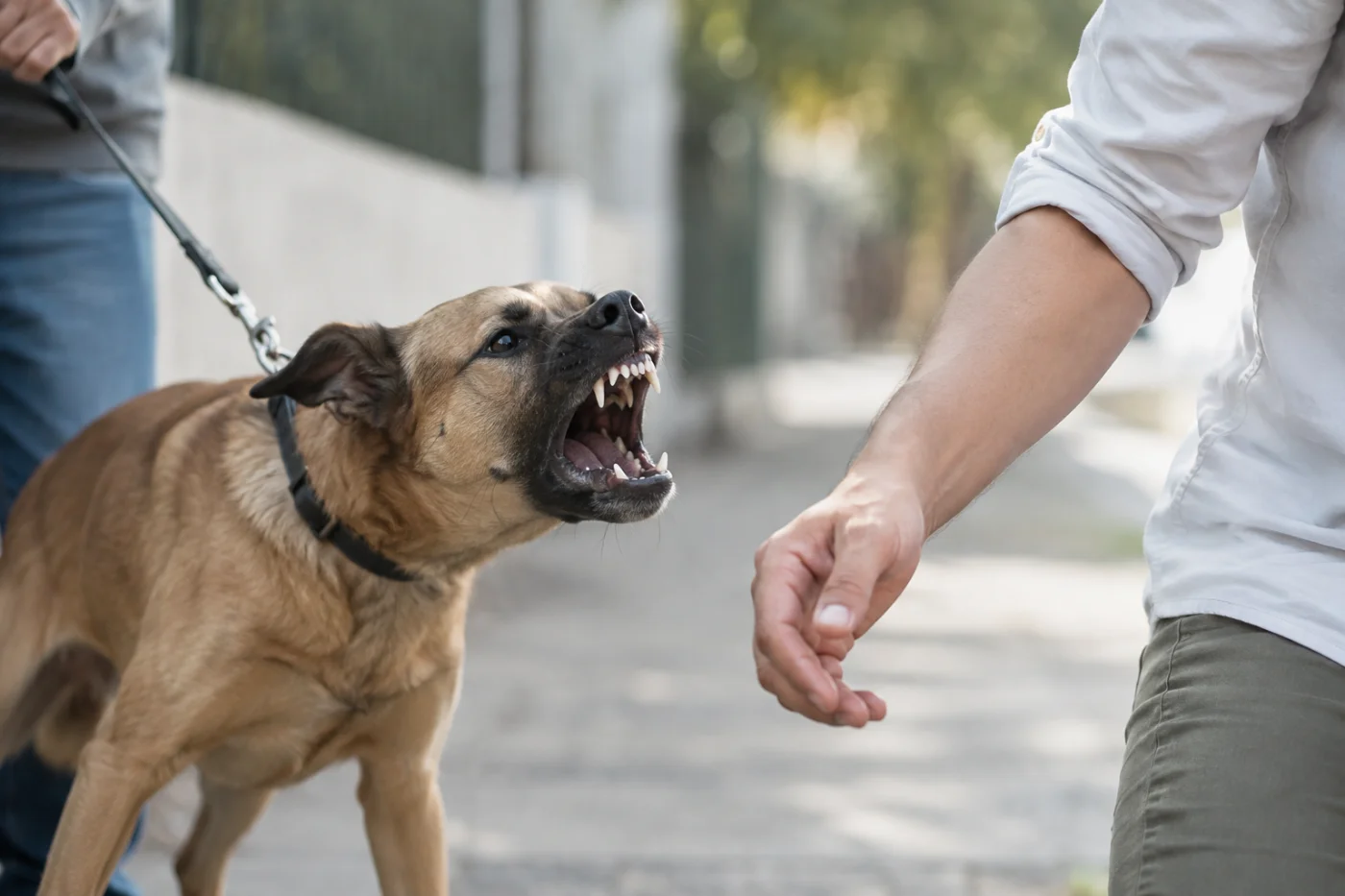 Leashed dog lunging and baring its teeth at a person&rsquo;s hand