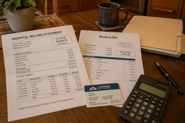 Hospital billing statement and insurance card beside a calculator