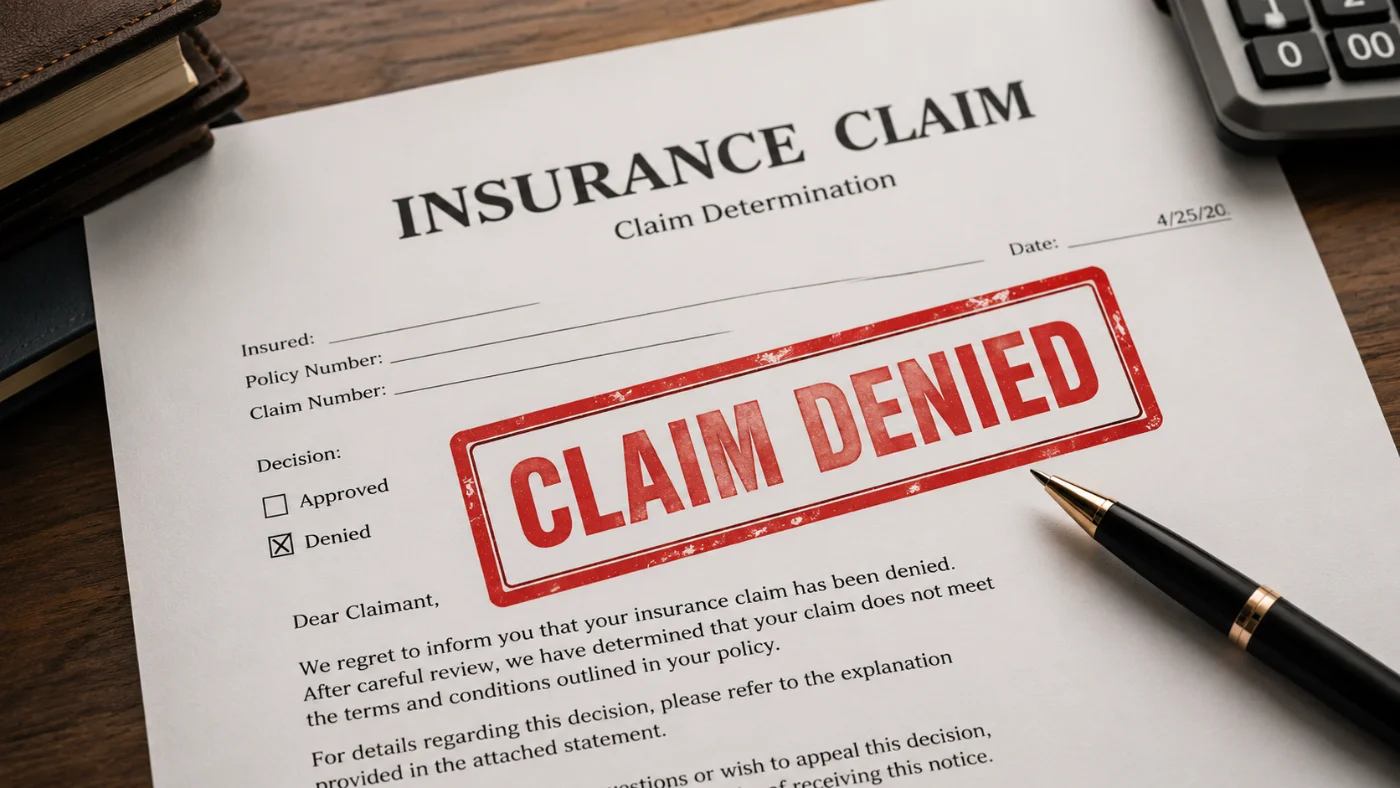 Insurance claim determination form stamped CLAIM DENIED