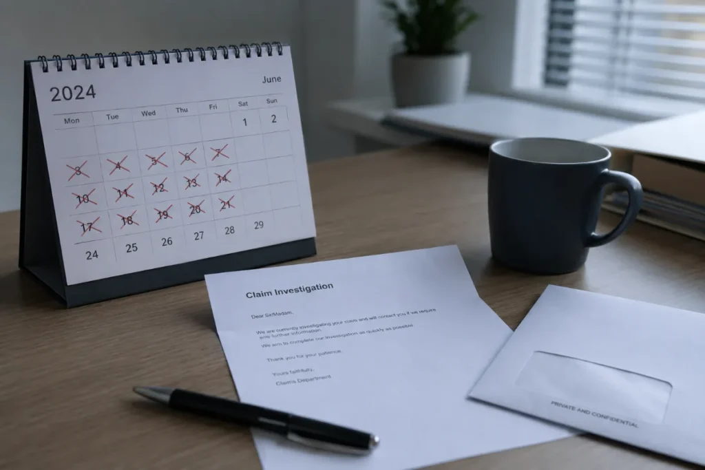 Desk calendar marking the days an insurer has taken to investigate a claim
