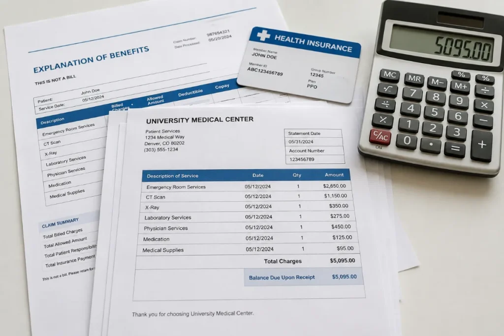 Explanation of benefits, medical bill and insurance card after a car accident