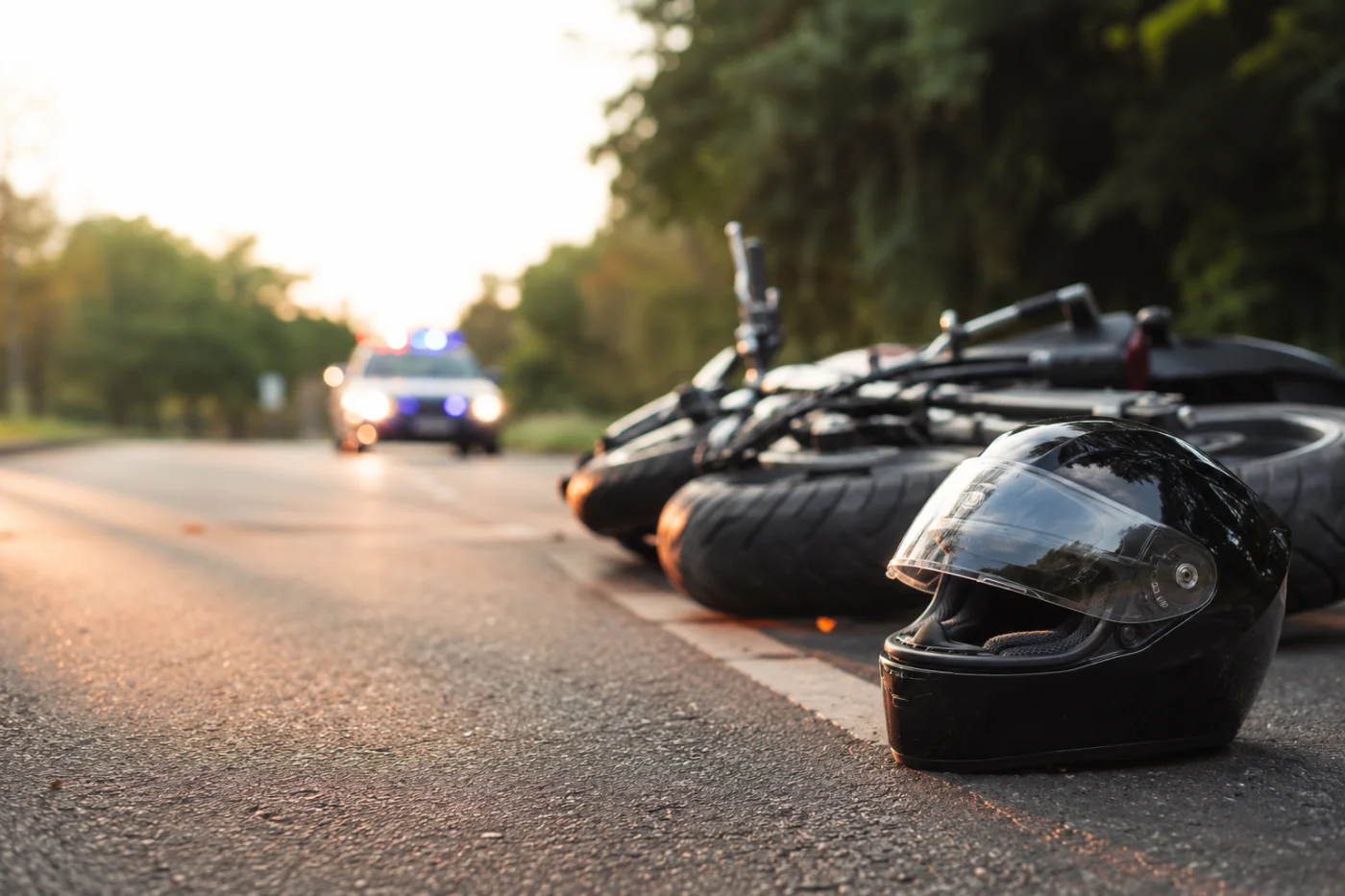 Motorcycle lying on the roadway beside the rider&rsquo;s helmet as a police car approaches