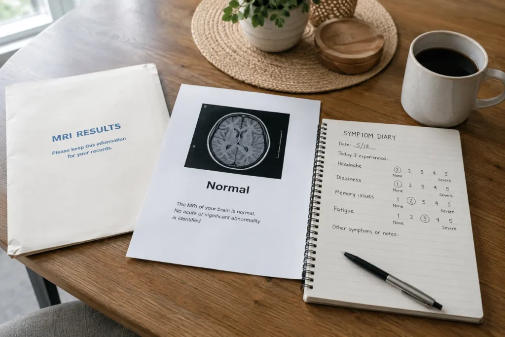 MRI report marked normal beside a brain scan and symptom notes
