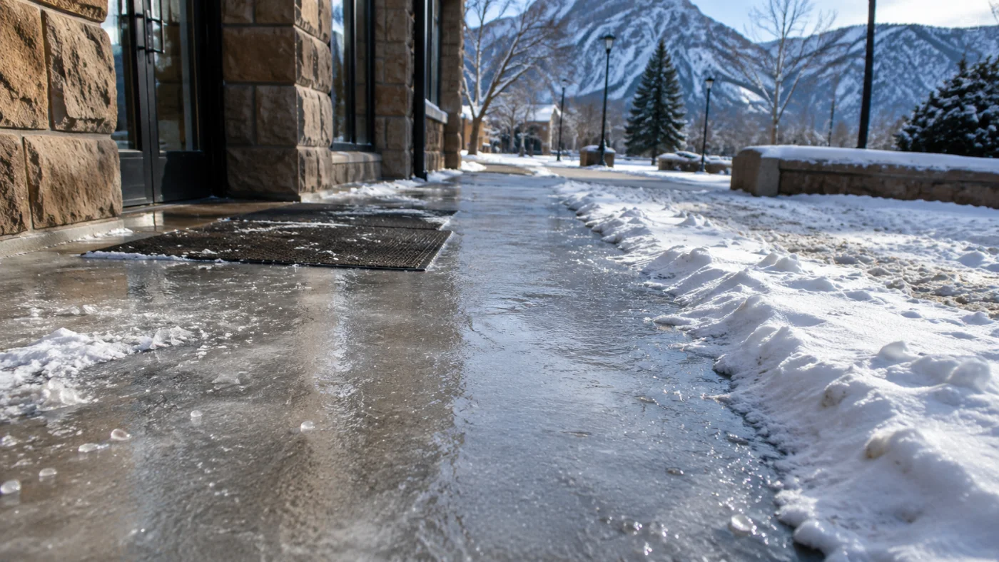 Sheet of ice across a walkway outside a building in winter