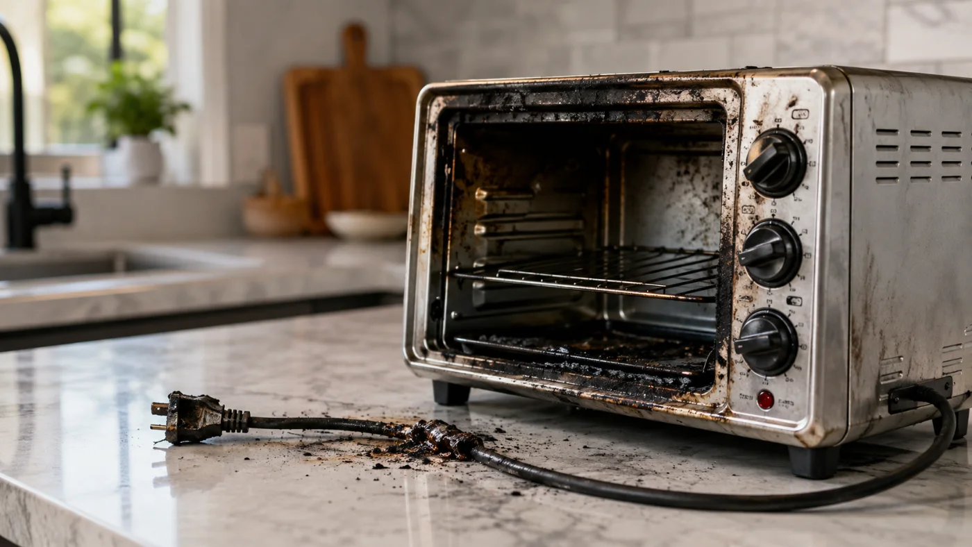 Fire-damaged countertop appliance with a burned power cord and melted plug