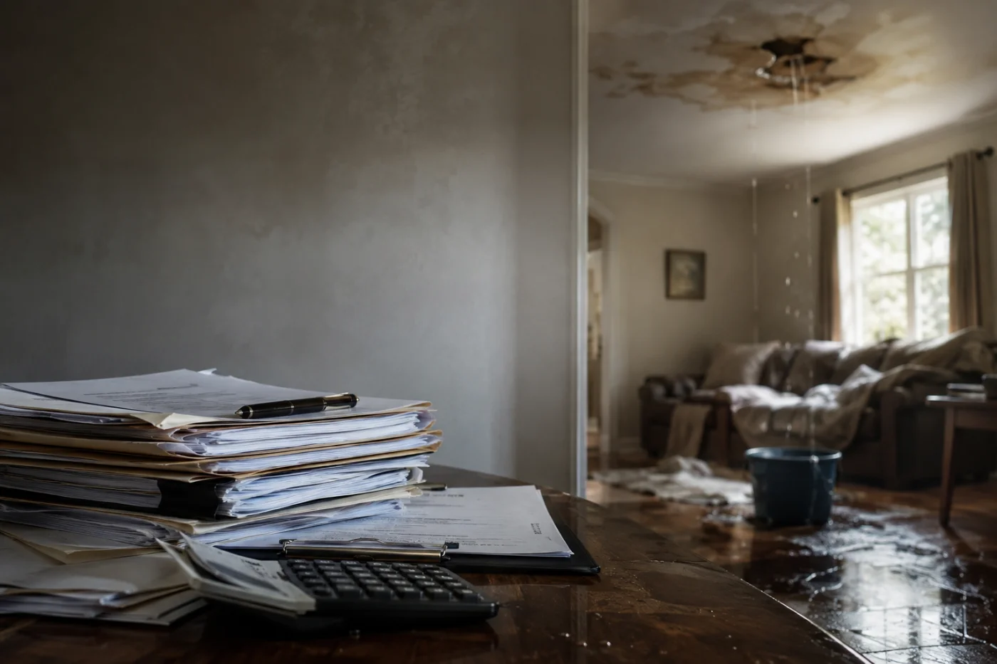 Water-damaged room with a stained ceiling beside a stack of claim paperwork