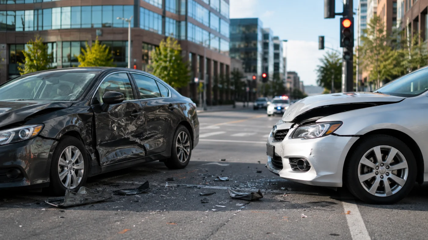 Two cars stopped in a city intersection after a collision, debris across the road