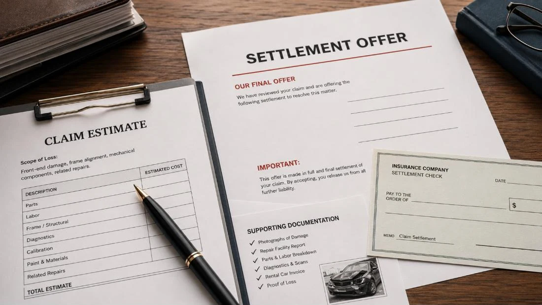 Insurance settlement offer marked as a final offer, beside a claim estimate and a settlement check