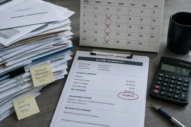 Claim summary with an underpaid figure circled beside a calendar and paperwork