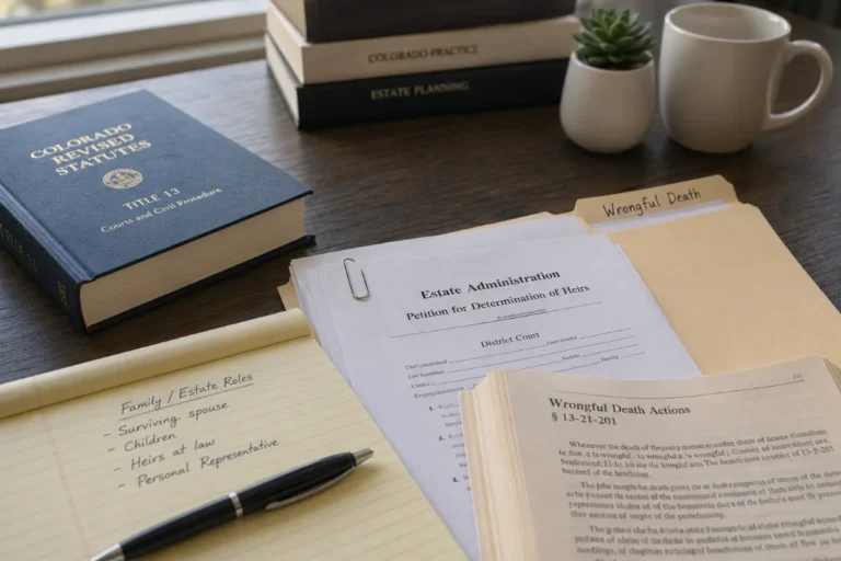 Wrongful death claim documents and notes beside a volume of Colorado statutes
