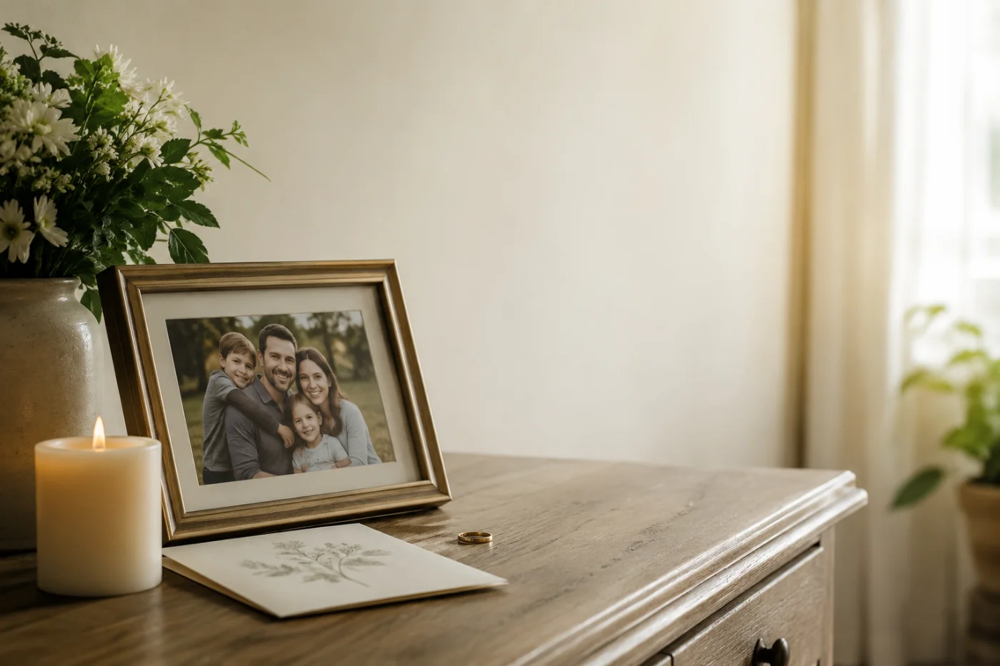 Framed family photograph beside a lit candle and flowers